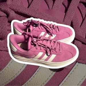 Adidas Pink VL Court Bold Suede Platform Lace-Up Pink Sneakers w/ White Stripes